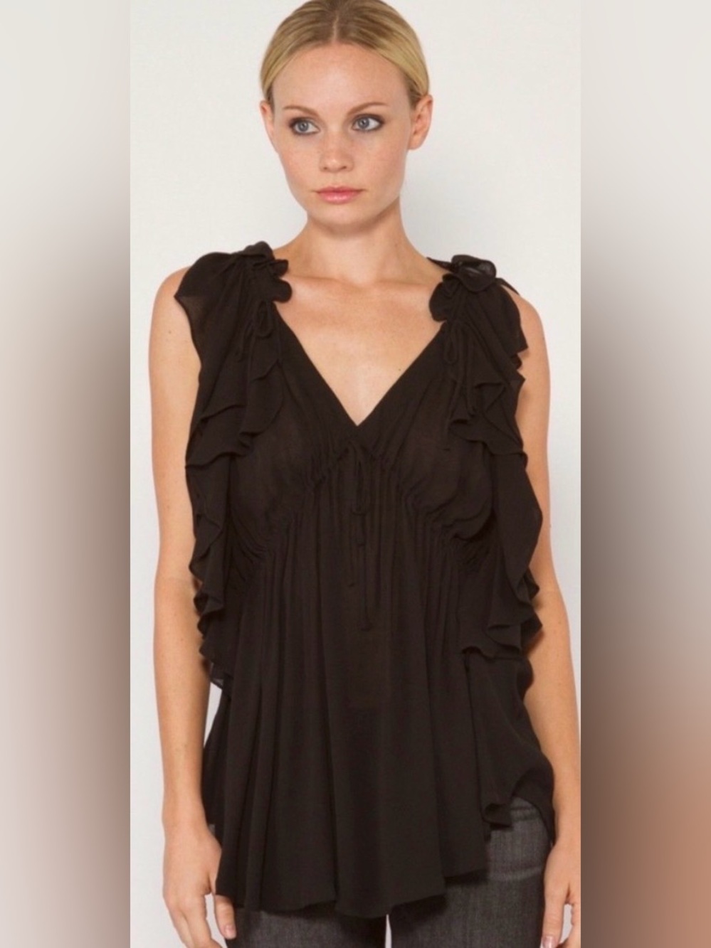IRO NWT Women’s Black Ruffle V-Neck Viskie Rayon Blouse Paris Size 4 $365 Retail